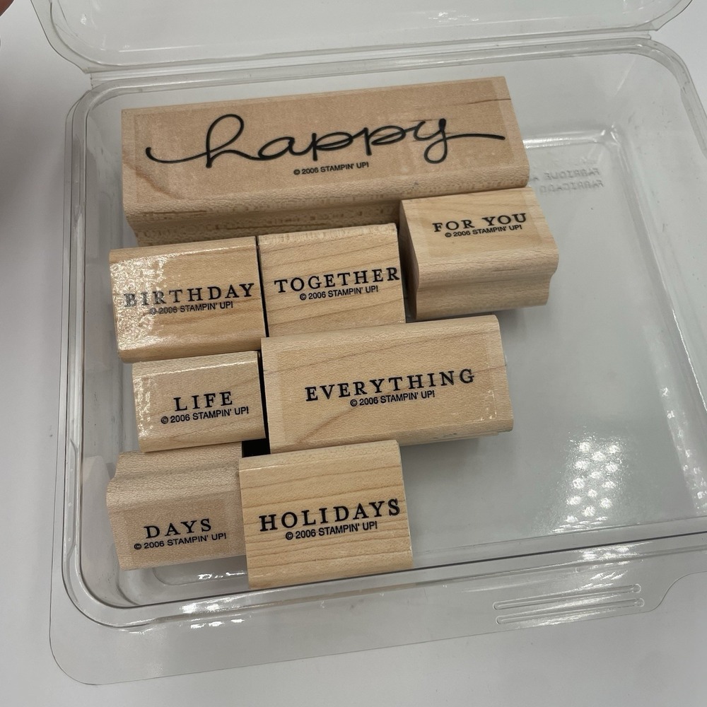 Stampin Up! Happy Everything Set Of 8 Rubber Stamps Wood Words Gifting 2006